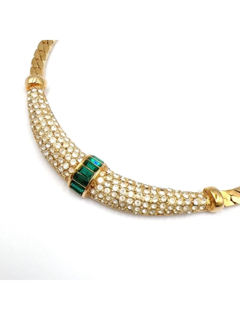 Dior Vintage Rhinestone Color Stone Emerald Green Clear Gold Necklace